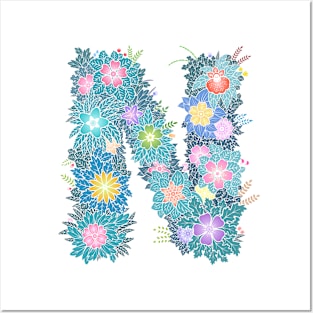 "N" Floral Letter Monogram Posters and Art